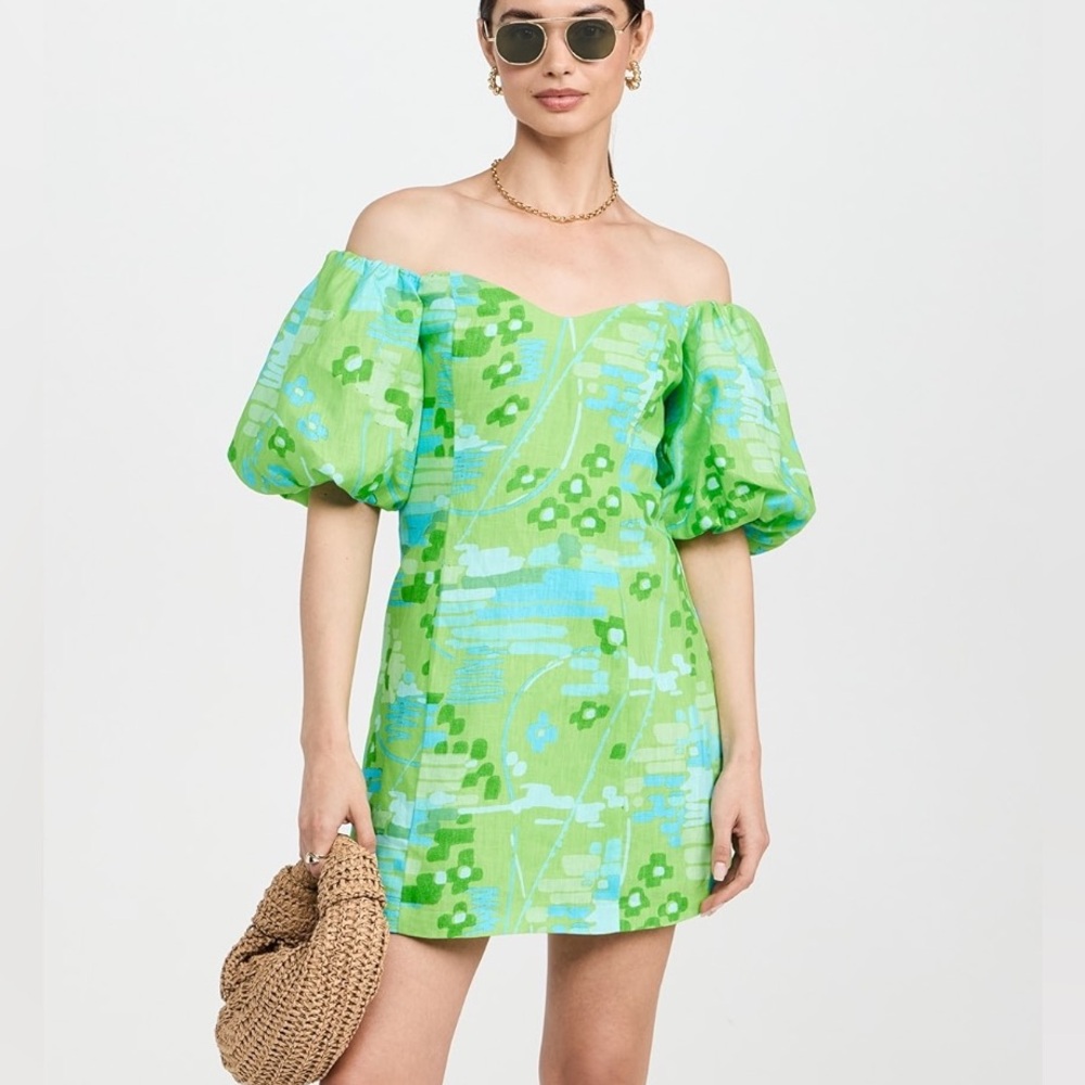 RHODE Dali Dress Puff Sleeve Linen Cotton Electric Eden Green Floral Print Sz 6 - Picture 2 of 10